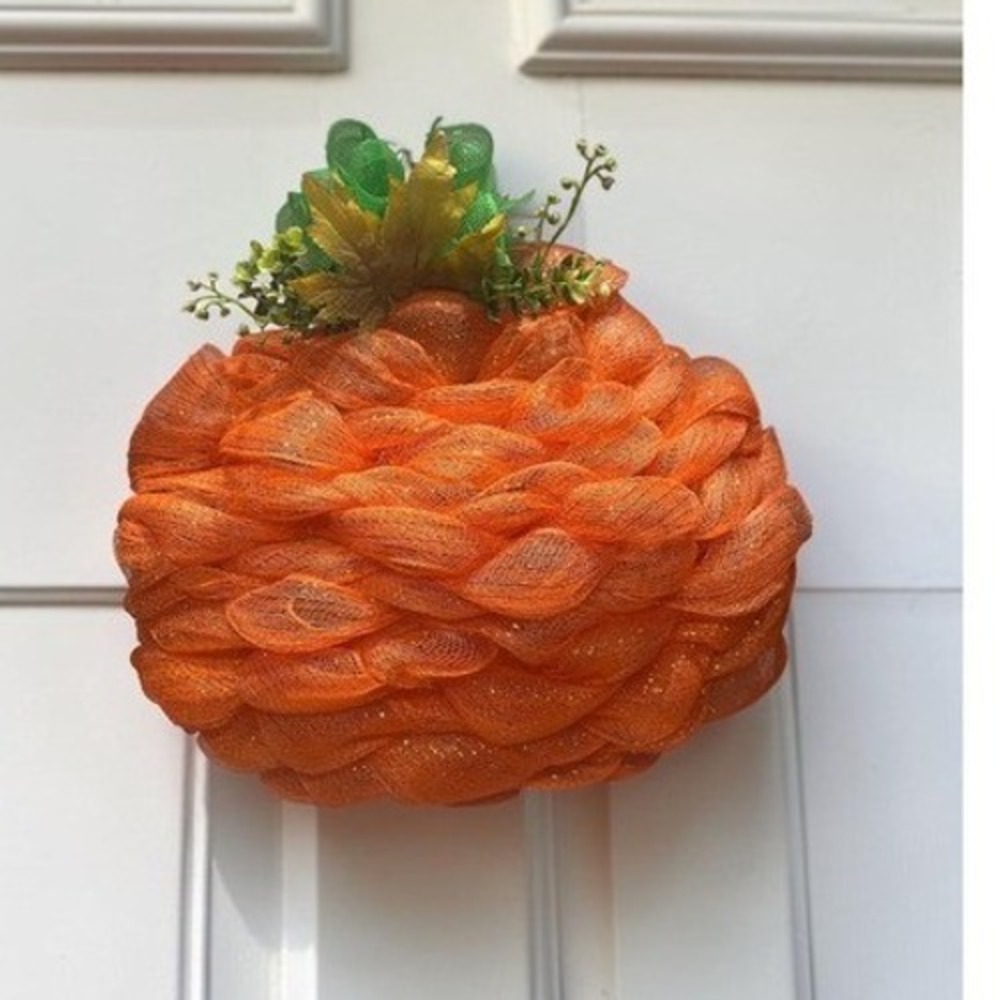 Handmade Orange Deco Mesh Pumpkin Wreath Fall Autumn Door Decor Thanksgiving